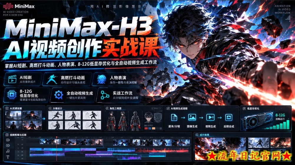 MiniMax-H3 AI视频创作实战课，掌握AI短剧、高燃打斗动画、人物表演、8-12G低显存优化与全自动视频生成工作流-流年日记