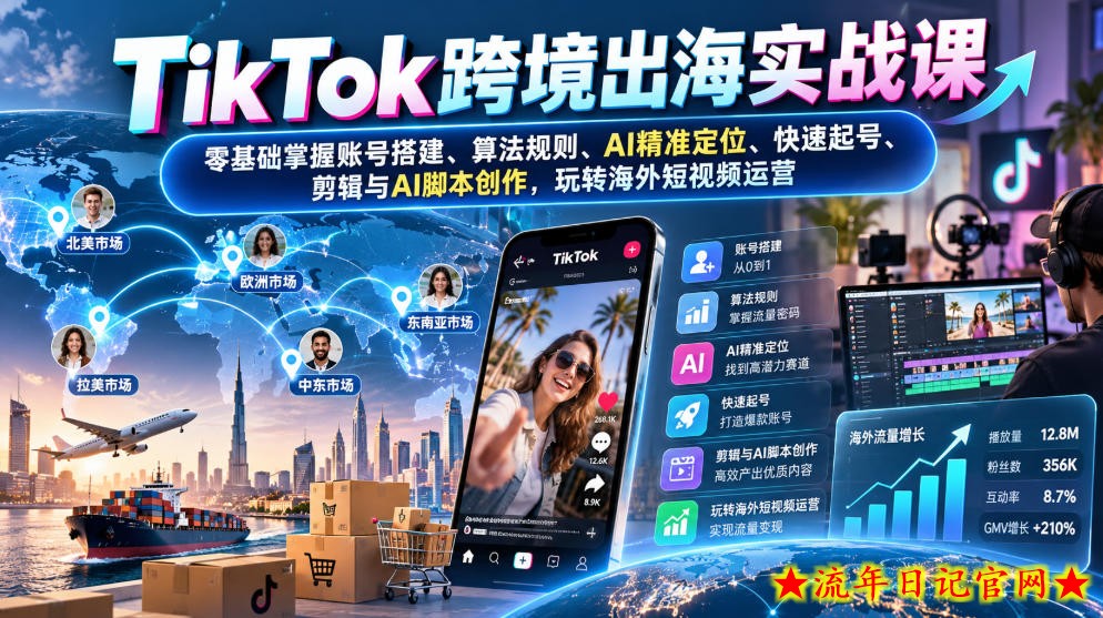 TikTok跨境出海实战课：零基础掌握账号搭建、算法规则、AI精准定位、快速起号、剪辑与AI脚本创作，玩转海外短视频运营-流年日记