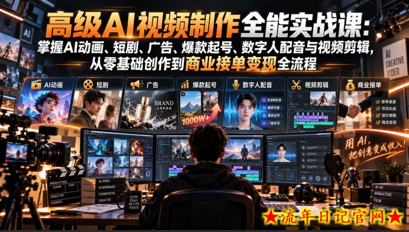 高级AI视频制作全能实战课：掌握AI动画、短剧、广告、爆款起号、数字人配音与视频剪辑，从零基础创作到商业接单变现全流程-流年日记