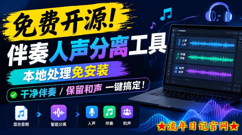 免费开源！伴奏人声分离工具，本地处理免安装，干净伴奏，保留和声一键搞定！-流年日记